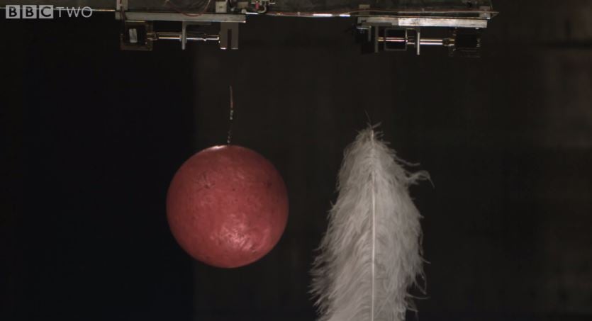 bowling ball and feather experiment explained